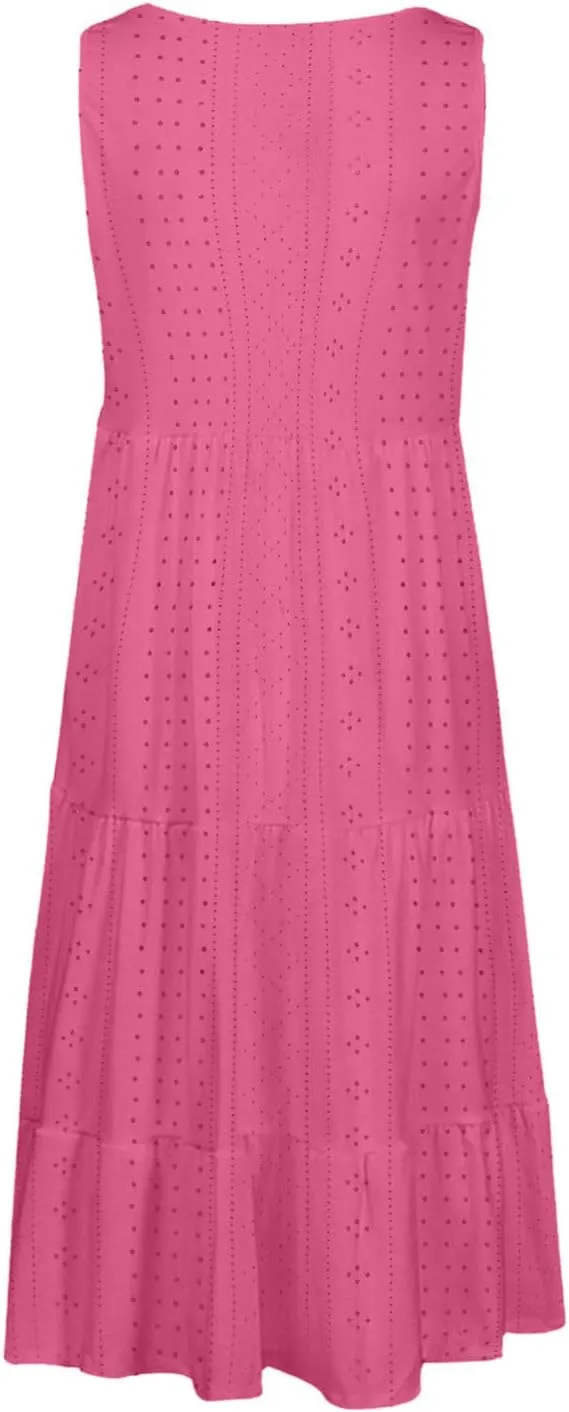 Women's Casual Dresses Casual U Neck Sleeveless Eyelet Summer Dresses Soft Hawaiian Beach Summer Midi Sundresses