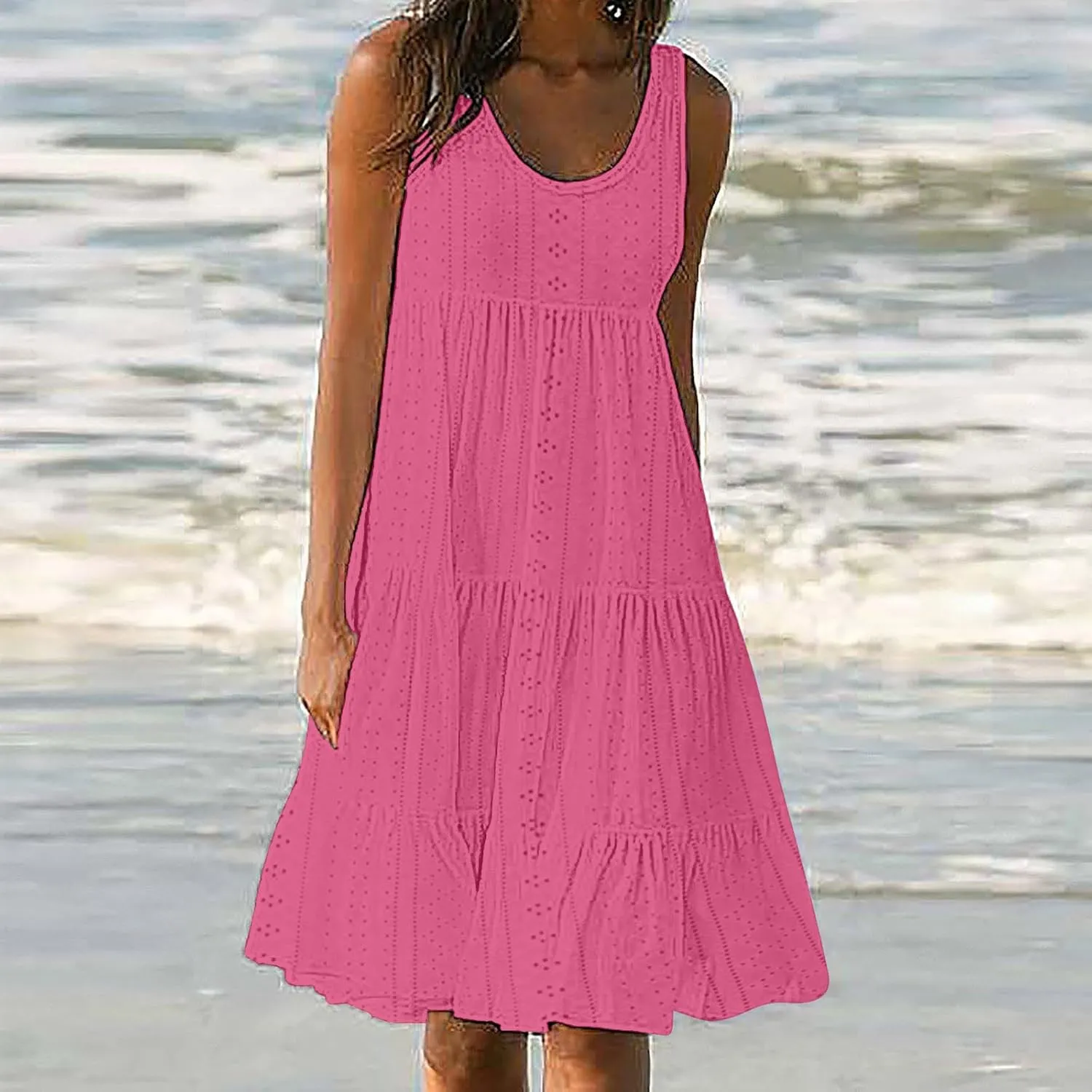 Women's Casual Dresses Casual U Neck Sleeveless Eyelet Summer Dresses Soft Hawaiian Beach Summer Midi Sundresses