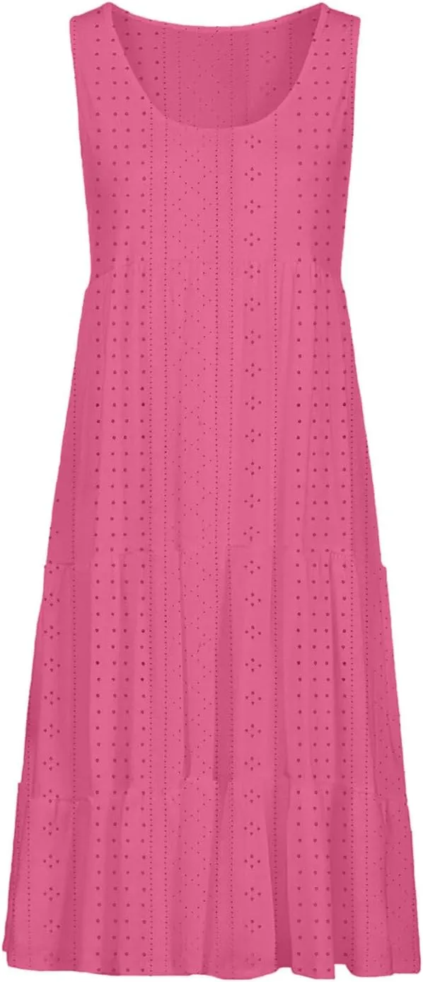 Women's Casual Dresses Casual U Neck Sleeveless Eyelet Summer Dresses Soft Hawaiian Beach Summer Midi Sundresses