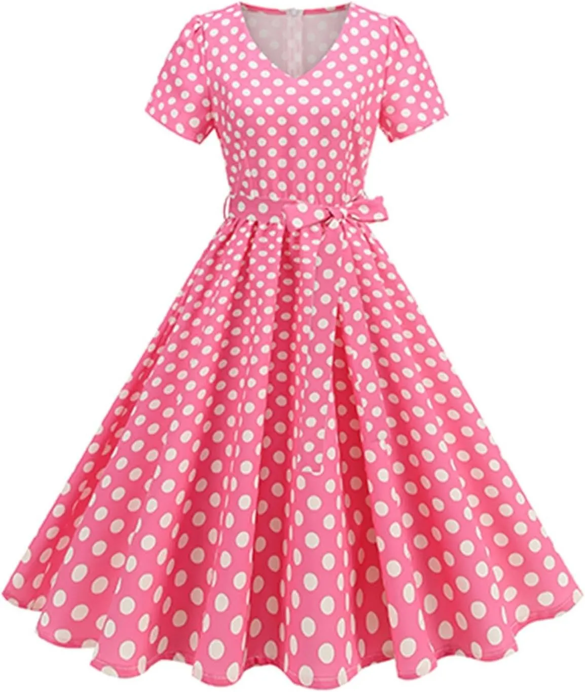 Women's Casual Summer Dresses V Neck Short Sleeve Polka Dots Belted Waist Ruffle Tiered Pleated A Line Midi Dress