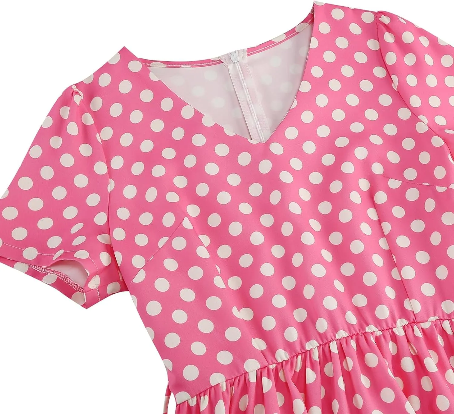 Women's Casual Summer Dresses V Neck Short Sleeve Polka Dots Belted Waist Ruffle Tiered Pleated A Line Midi Dress