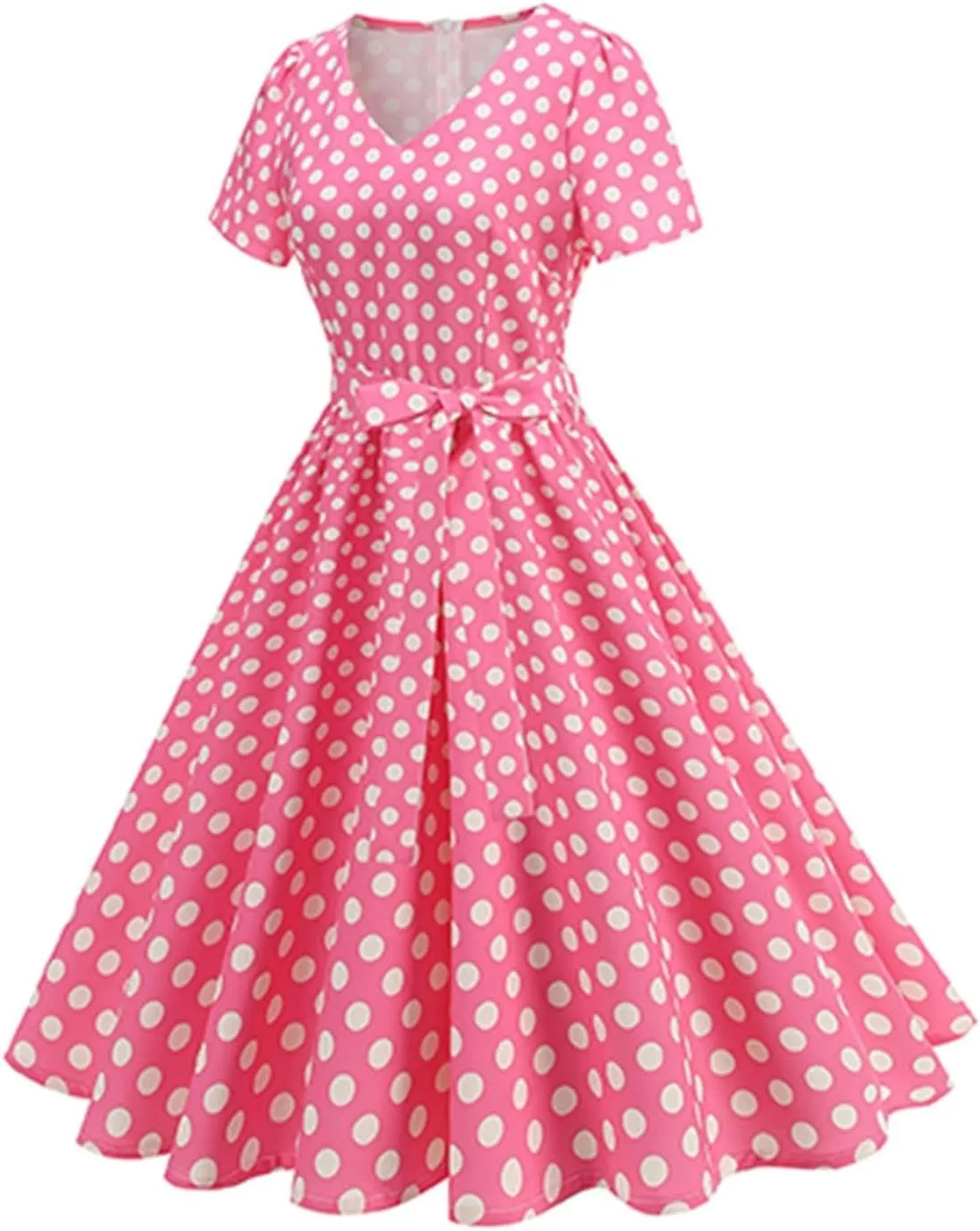 Women's Casual Summer Dresses V Neck Short Sleeve Polka Dots Belted Waist Ruffle Tiered Pleated A Line Midi Dress