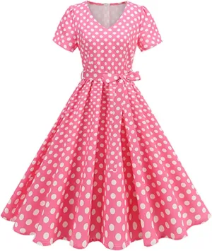 Women's Casual Summer Dresses V Neck Short Sleeve Polka Dots Belted Waist Ruffle Tiered Pleated A Line Midi Dress