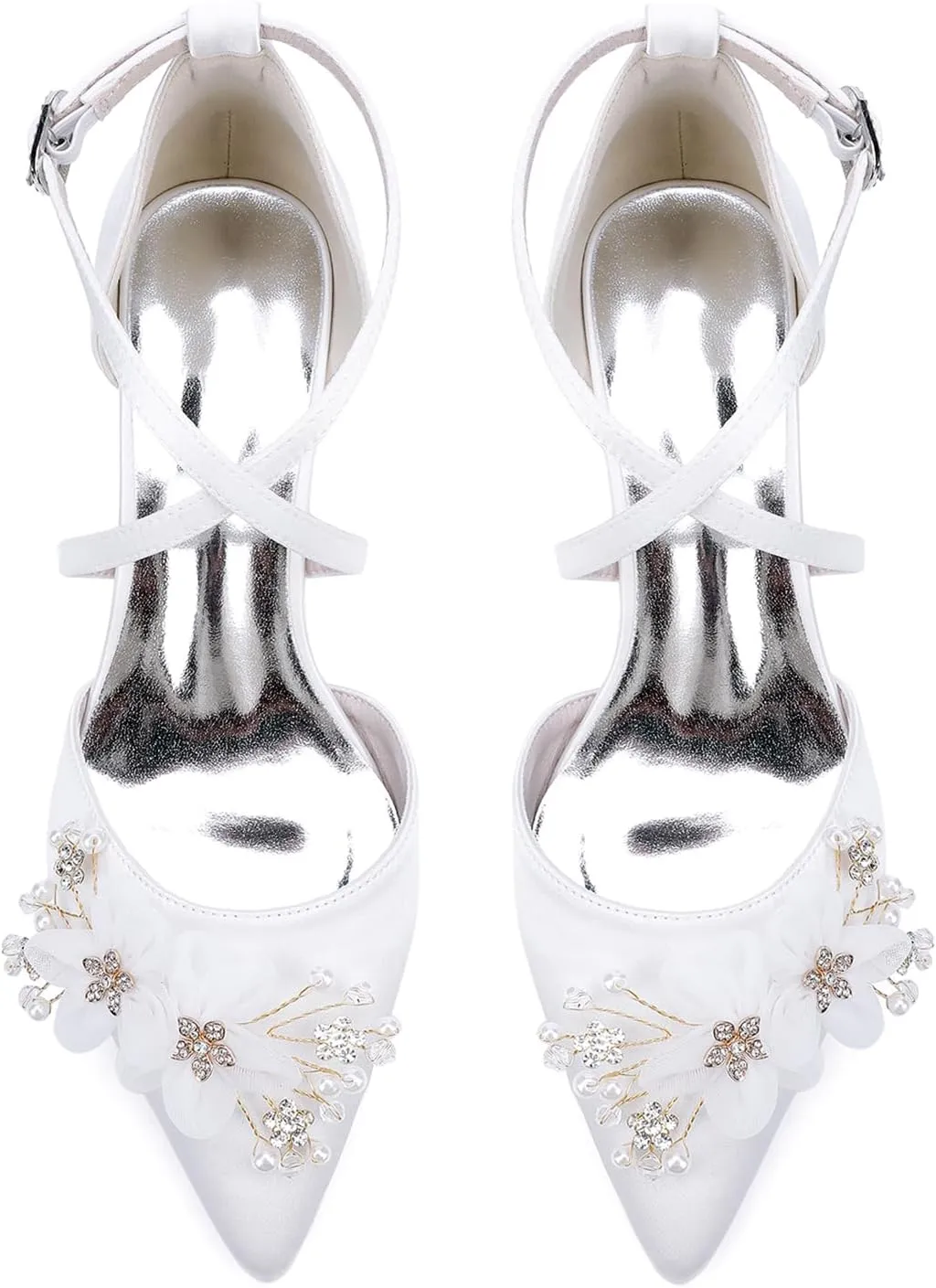 Women's Chunky Block Heel Pumps Closed Pointed Toe Satin with Embroidery Lace Flower Cross Strap Wedding Bridal Shoes