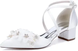 Women's Chunky Block Heel Pumps Closed Pointed Toe Satin with Embroidery Lace Flower Cross Strap Wedding Bridal Shoes