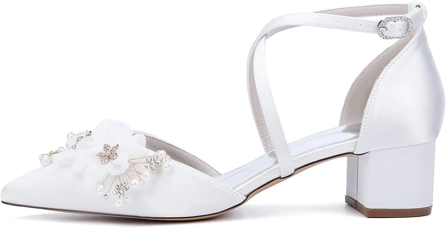 Women's Chunky Block Heel Pumps Closed Pointed Toe Satin with Embroidery Lace Flower Cross Strap Wedding Bridal Shoes