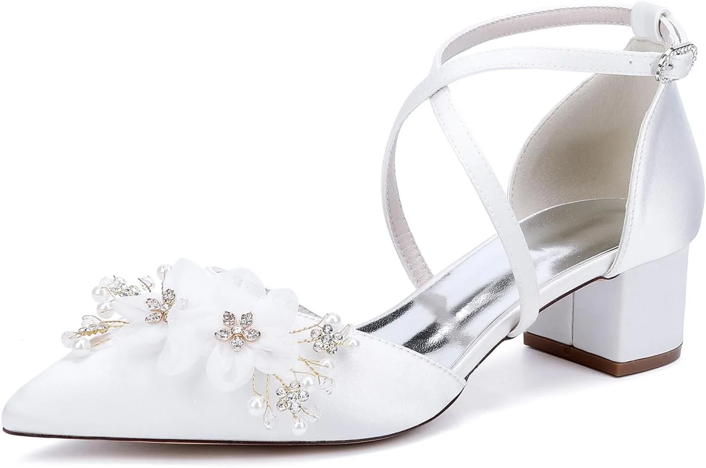 Women's Chunky Block Heel Pumps Closed Pointed Toe Satin with Embroidery Lace Flower Cross Strap Wedding Bridal Shoes