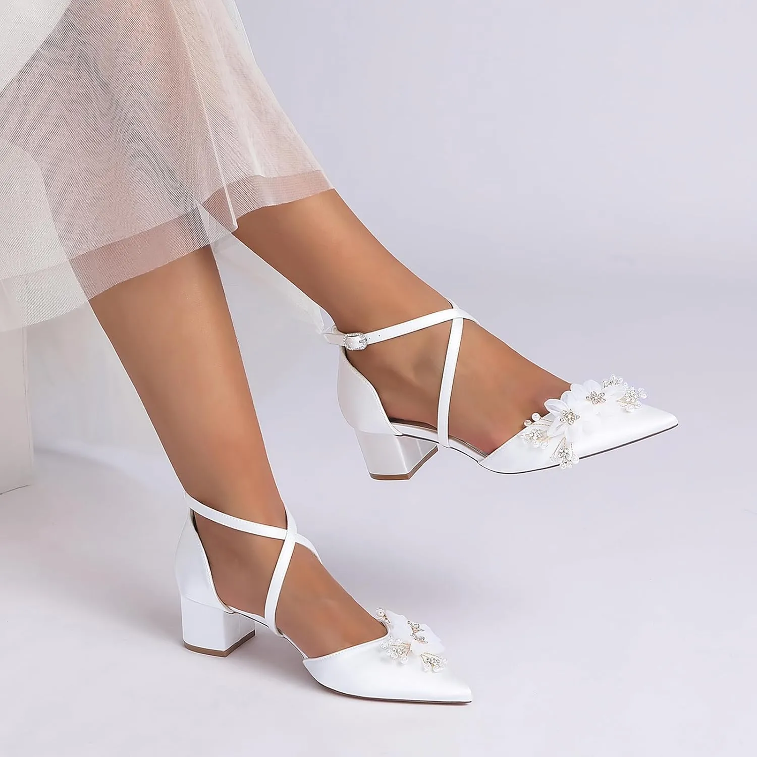 Women's Chunky Block Heel Pumps Closed Pointed Toe Satin with Embroidery Lace Flower Cross Strap Wedding Bridal Shoes