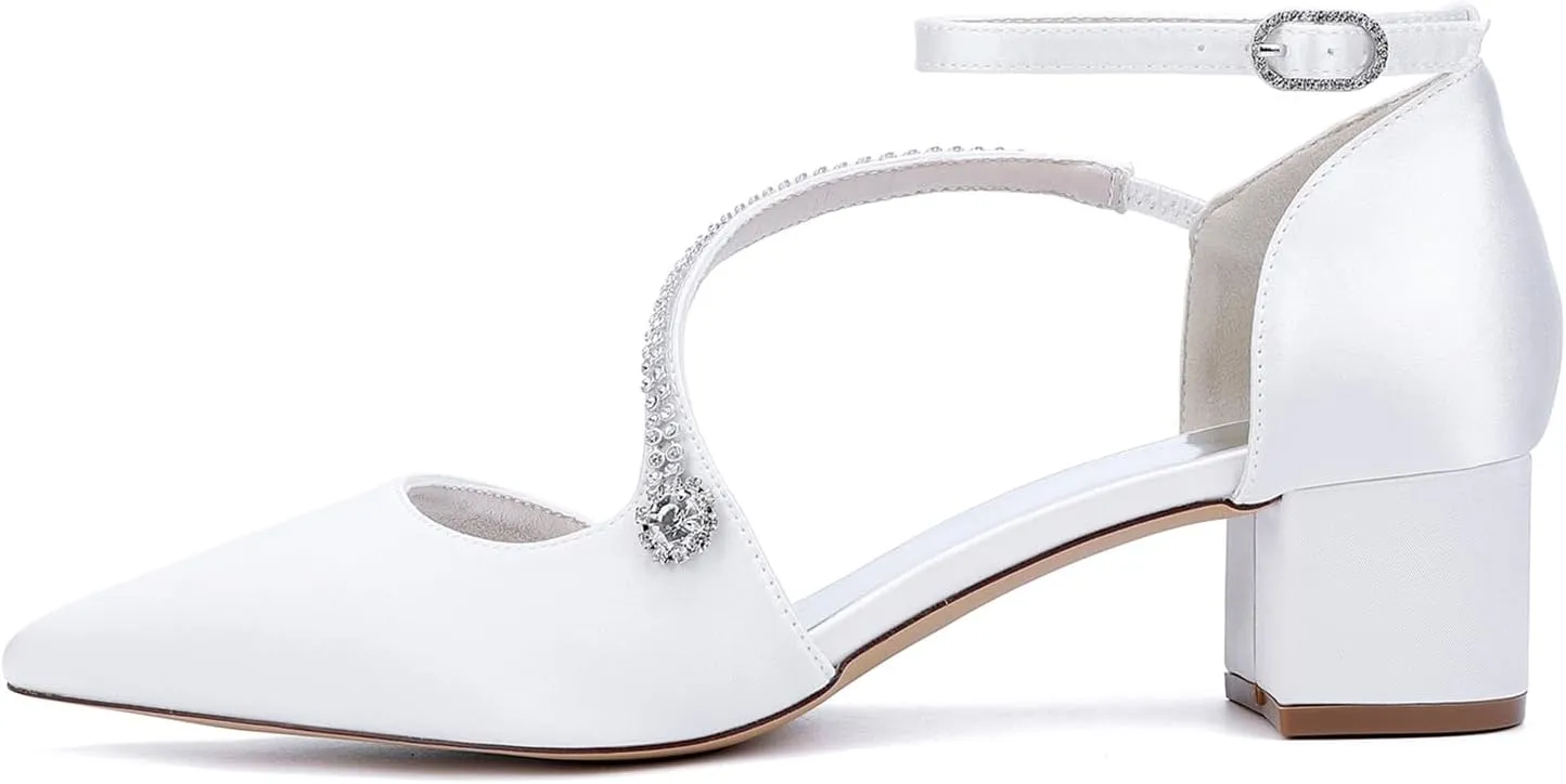 Womens Closed Pointed Toe Bridal Shoes Crystal Ankle Strap Wedding Business Dress Shoes Block Chunky Heel Pumps