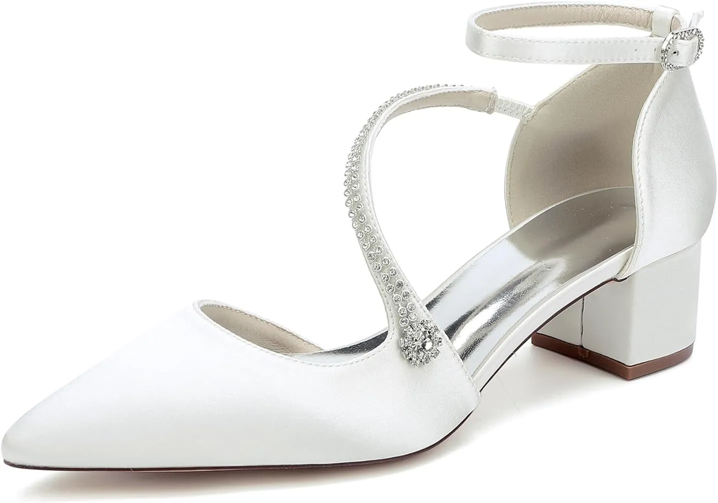 Womens Closed Pointed Toe Bridal Shoes Crystal Ankle Strap Wedding Business Dress Shoes Block Chunky Heel Pumps