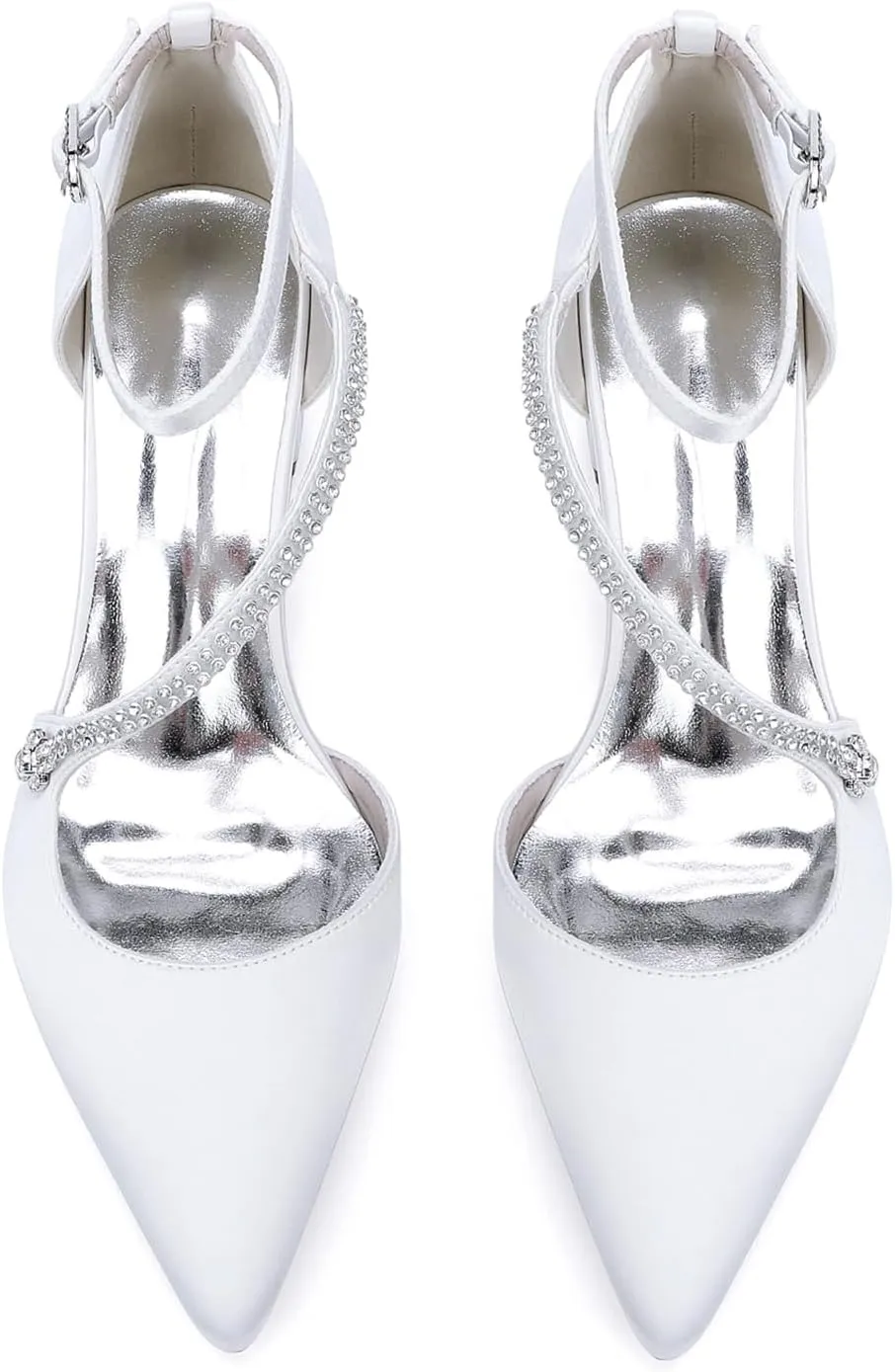 Womens Closed Pointed Toe Bridal Shoes Crystal Ankle Strap Wedding Business Dress Shoes Block Chunky Heel Pumps