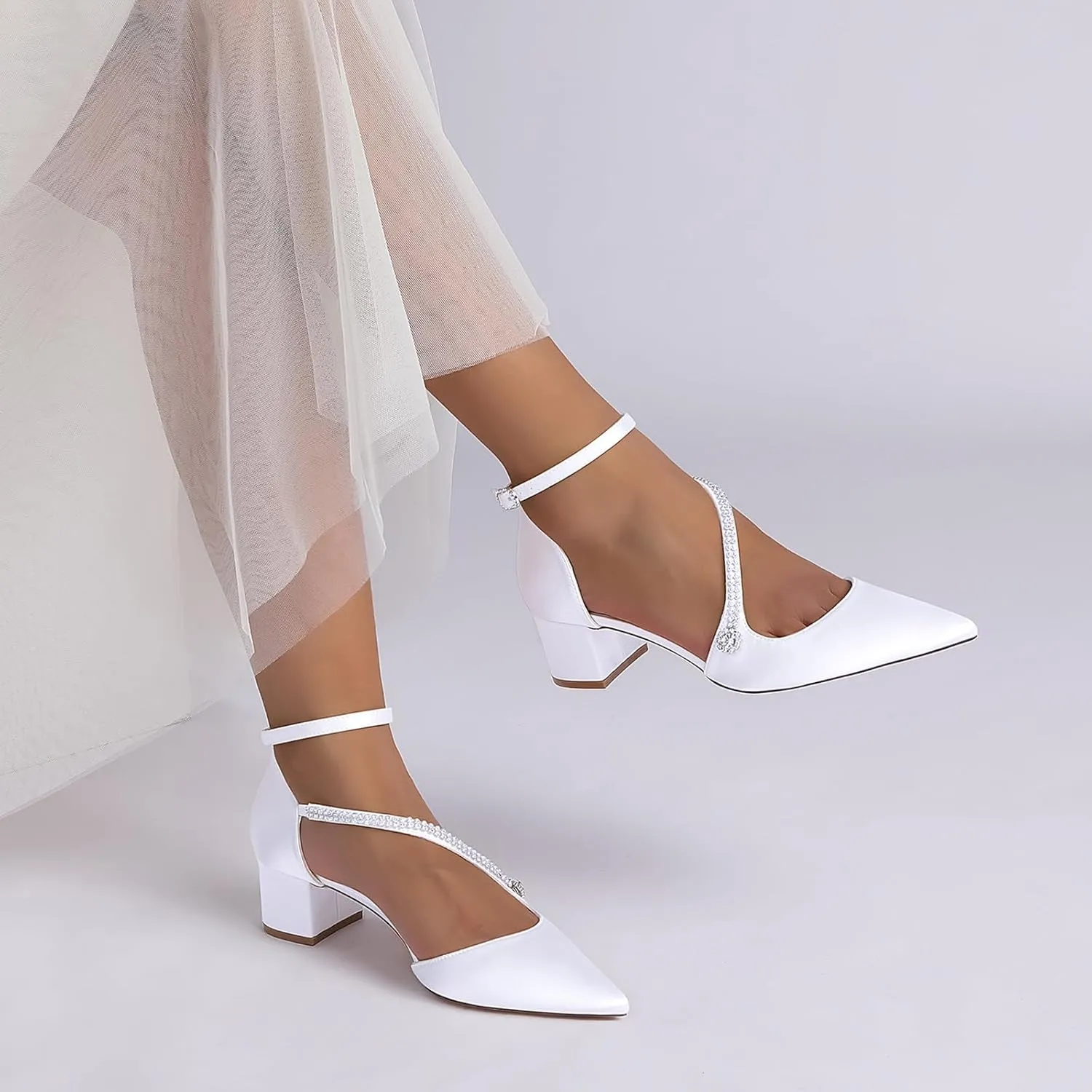 Womens Closed Pointed Toe Bridal Shoes Crystal Ankle Strap Wedding Business Dress Shoes Block Chunky Heel Pumps