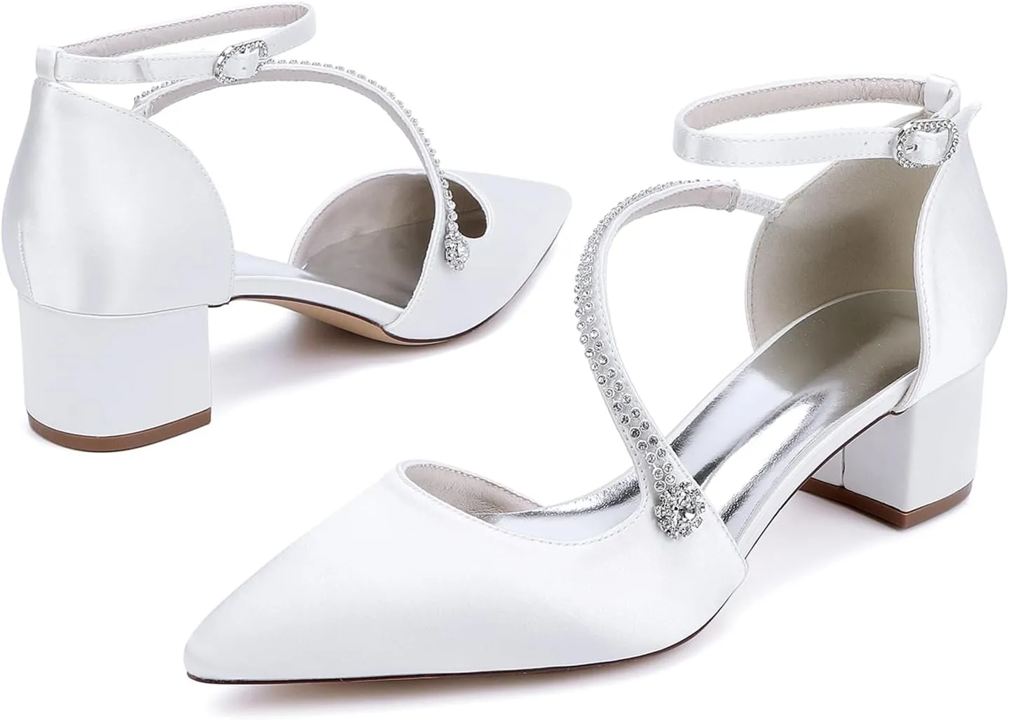 Womens Closed Pointed Toe Bridal Shoes Crystal Ankle Strap Wedding Business Dress Shoes Block Chunky Heel Pumps