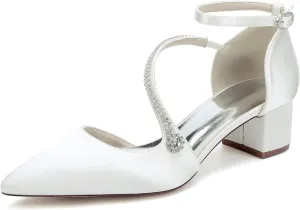 Womens Closed Pointed Toe Bridal Shoes Crystal Ankle Strap Wedding Business Dress Shoes Block Chunky Heel Pumps