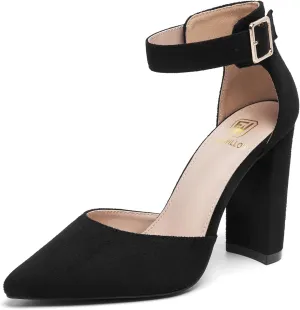 Women's Closed Pointed Toe Chunky High Heels Dress Pumps Block Ankle Strap Shoes for Party Wedding Office