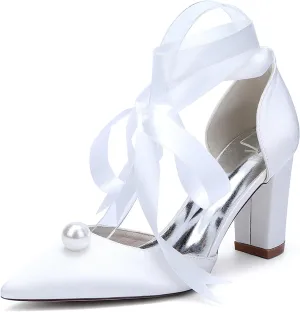 Women's Closed Pointed Toe Wedding Shoes High Chunky Heel Pumps with Pearls Ribbon Tie Satin Slip on Bridal Business Dressy Shoes