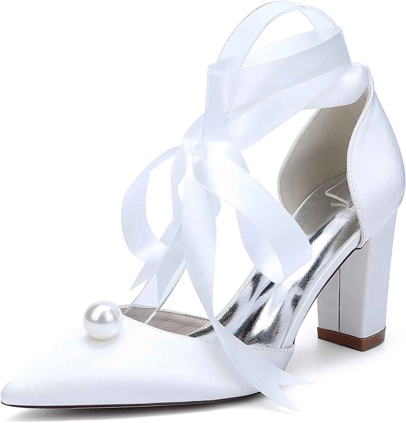 Women's Closed Pointed Toe Wedding Shoes High Chunky Heel Pumps with Pearls Ribbon Tie Satin Slip on Bridal Business Dressy Shoes