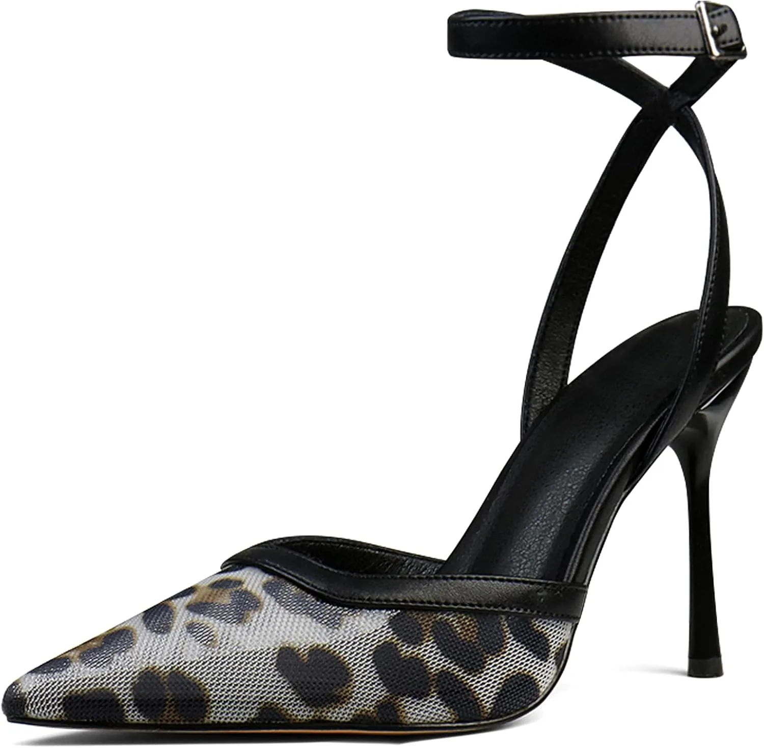 Women's Closed Toe Heeled Sandals Ankle Buckle Strap Mesh Shoes Funky Cowhide Pointed Dresses