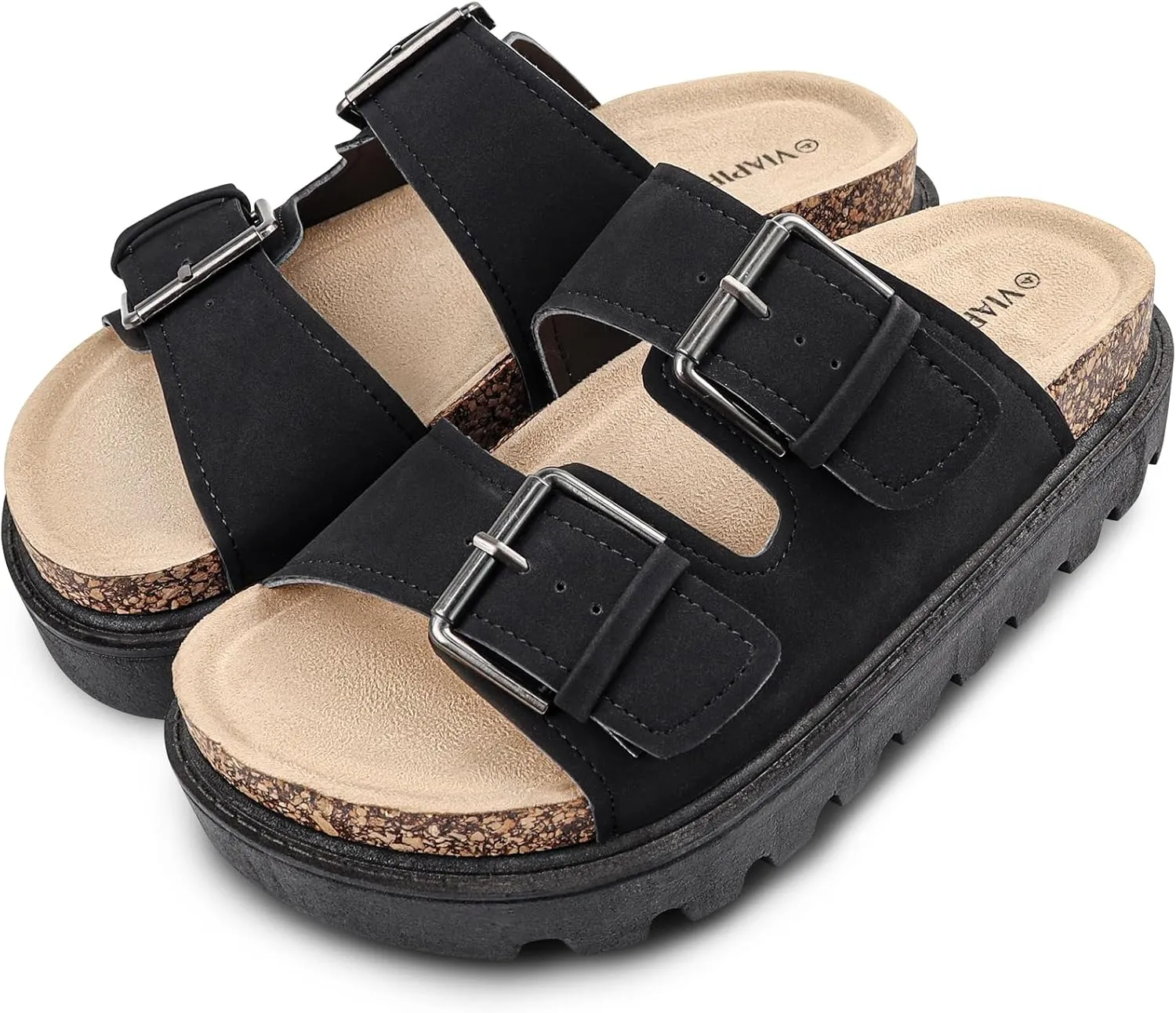 Women's Cork Platform Sandals Women with Adjustable Buckle, Black Platform Sandals Open-Toe Summer Slides for Women, Ultra-Comfortable Walking Shoes Lightweight Chunky Sandals