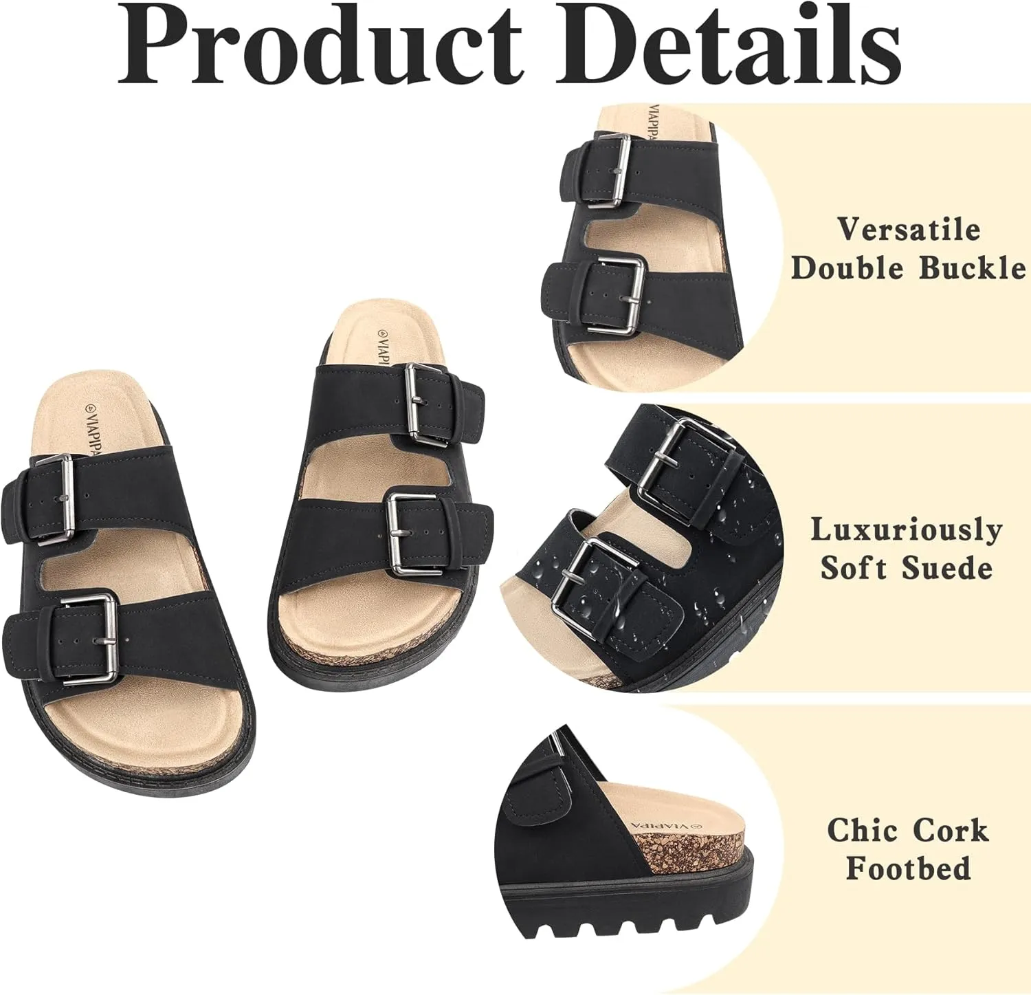 Women's Cork Platform Sandals Women with Adjustable Buckle, Black Platform Sandals Open-Toe Summer Slides for Women, Ultra-Comfortable Walking Shoes Lightweight Chunky Sandals