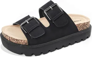 Women's Cork Platform Sandals Women with Adjustable Buckle, Black Platform Sandals Open-Toe Summer Slides for Women, Ultra-Comfortable Walking Shoes Lightweight Chunky Sandals