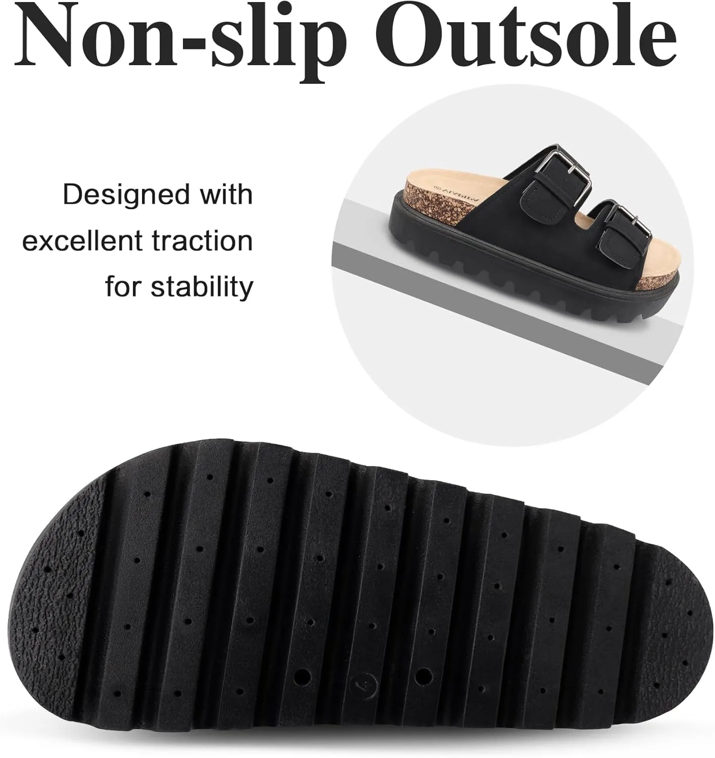 Women's Cork Platform Sandals Women with Adjustable Buckle, Black Platform Sandals Open-Toe Summer Slides for Women, Ultra-Comfortable Walking Shoes Lightweight Chunky Sandals