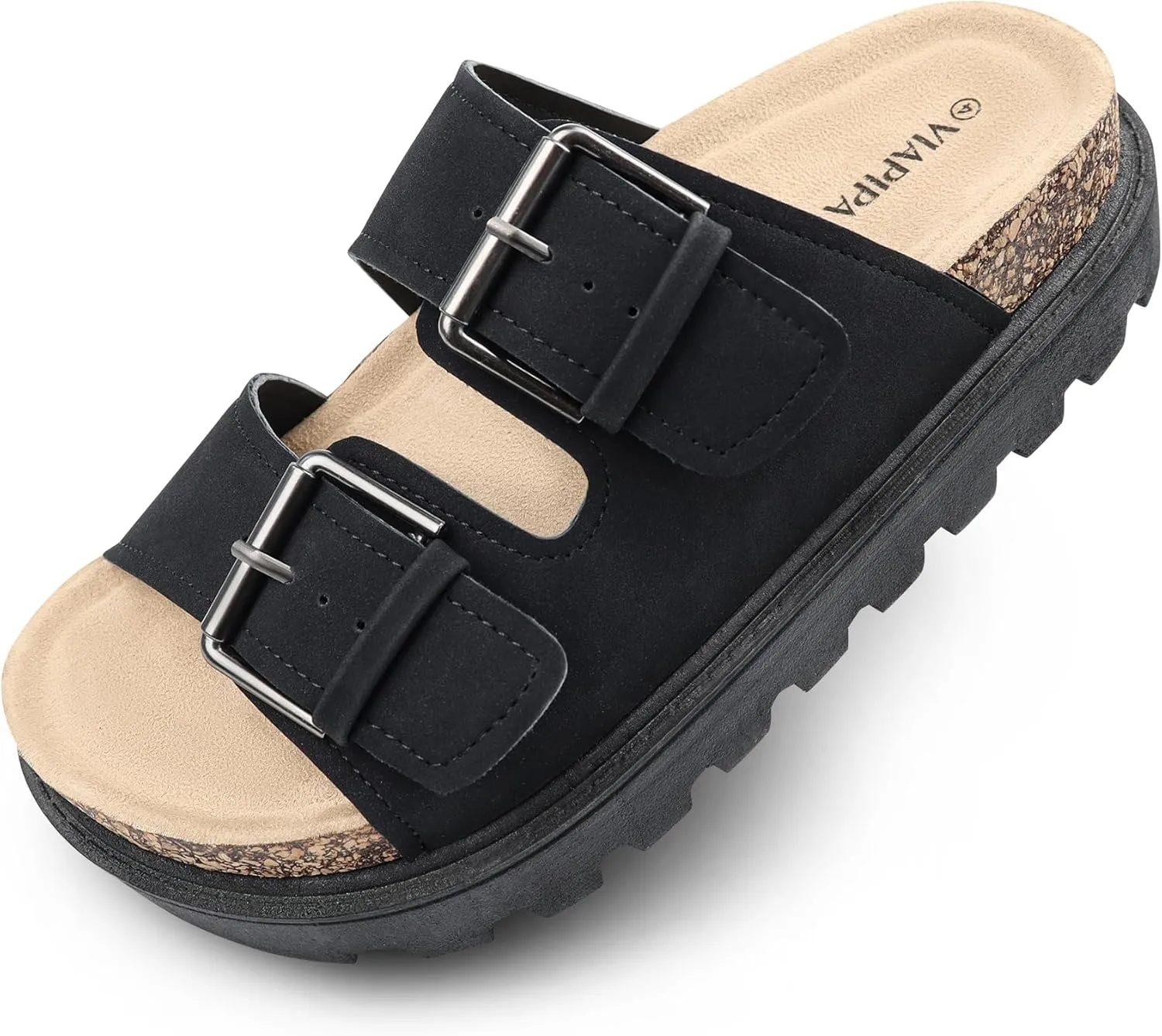 Women's Cork Platform Sandals Women with Adjustable Buckle, Black Platform Sandals Open-Toe Summer Slides for Women, Ultra-Comfortable Walking Shoes Lightweight Chunky Sandals