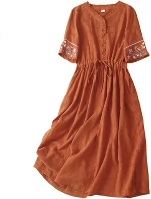 Women's Cotton Linen Dresses Summer Embroidered Sleeve A Line Comfy Cotton Maxi Dress Trendy Summer Vacation Clothes