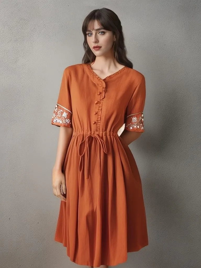 Women's Cotton Linen Dresses Summer Embroidered Sleeve A Line Comfy Cotton Maxi Dress Trendy Summer Vacation Clothes