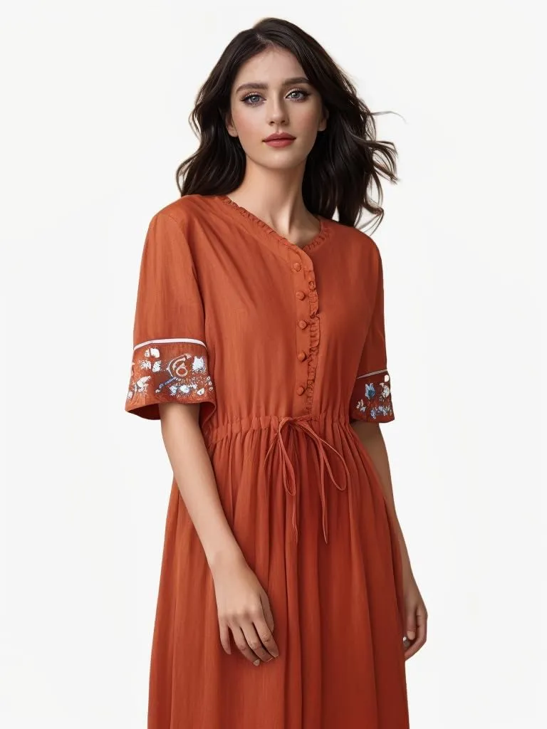 Women's Cotton Linen Dresses Summer Embroidered Sleeve A Line Comfy Cotton Maxi Dress Trendy Summer Vacation Clothes
