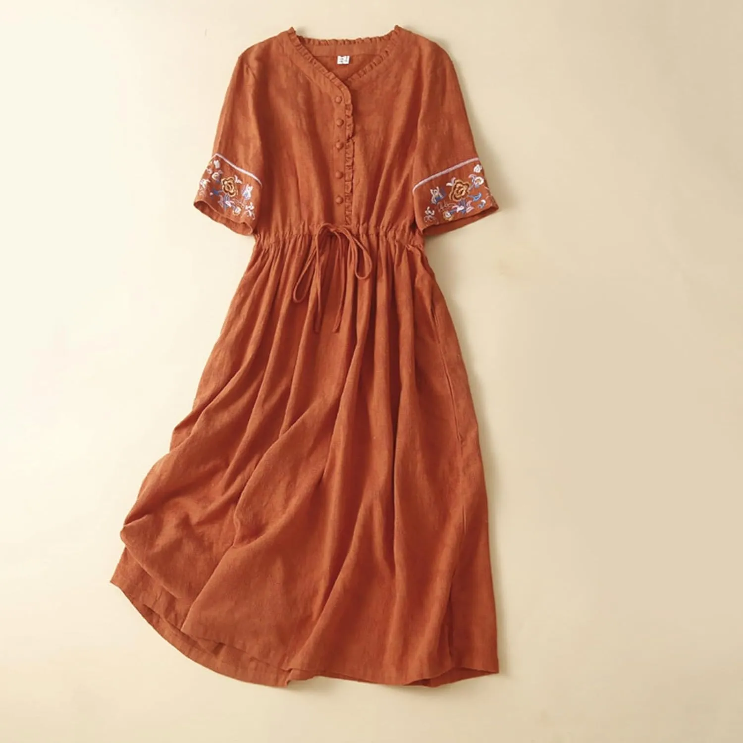 Women's Cotton Linen Dresses Summer Embroidered Sleeve A Line Comfy Cotton Maxi Dress Trendy Summer Vacation Clothes