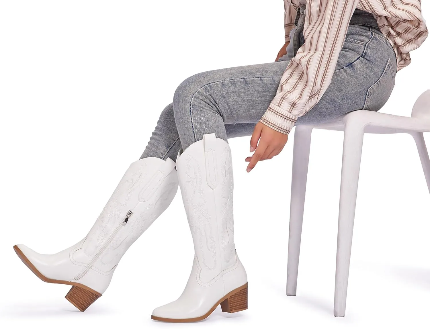 Women's Cowboy Boots Knee High with Side Zipper Wide Calf Cowgirl Boots Comfortable Western Classic Embroidered Pointy Toe Fashion Retro Classic Pull On Tall Boot Fall Winter