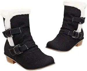 Womens Denim Flat Short Ankle Boots Chunky Low Heel Ankle Buckle Cute Short Boots