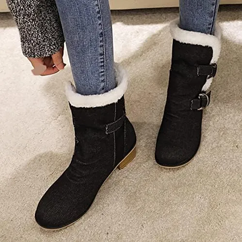 Womens Denim Flat Short Ankle Boots Chunky Low Heel Ankle Buckle Cute Short Boots