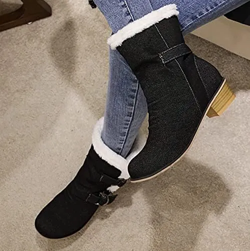 Womens Denim Flat Short Ankle Boots Chunky Low Heel Ankle Buckle Cute Short Boots