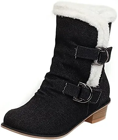 Womens Denim Flat Short Ankle Boots Chunky Low Heel Ankle Buckle Cute Short Boots