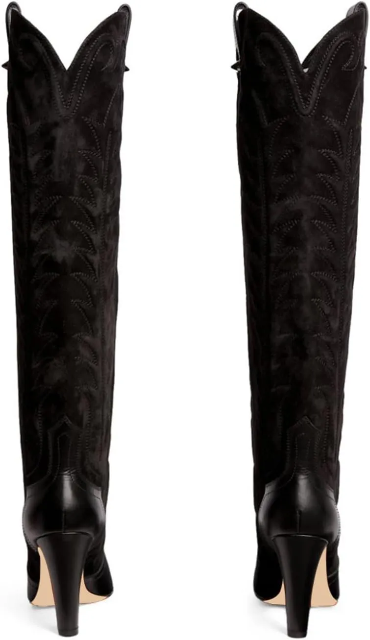 Women's Embroidered Knee High Boots Suede Block High Heel Western Cowboy Long Booties Pointed Toe Pull On Riding Boots for Women Ladies Fahion Dress Tall Boots