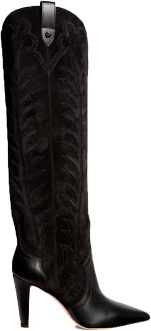 Women's Embroidered Knee High Boots Suede Block High Heel Western Cowboy Long Booties Pointed Toe Pull On Riding Boots for Women Ladies Fahion Dress Tall Boots