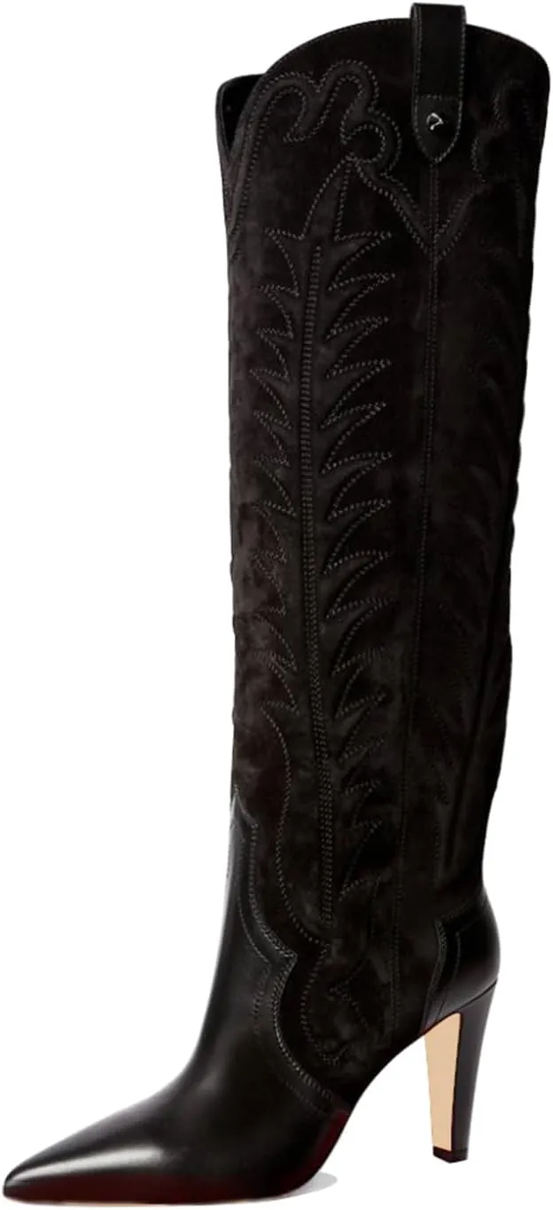 Women's Embroidered Knee High Boots Suede Block High Heel Western Cowboy Long Booties Pointed Toe Pull On Riding Boots for Women Ladies Fahion Dress Tall Boots