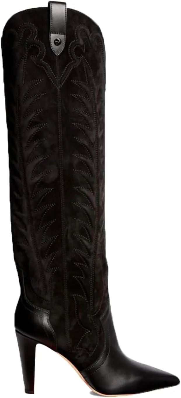 Women's Embroidered Knee High Boots Suede Block High Heel Western Cowboy Long Booties Pointed Toe Pull On Riding Boots for Women Ladies Fahion Dress Tall Boots