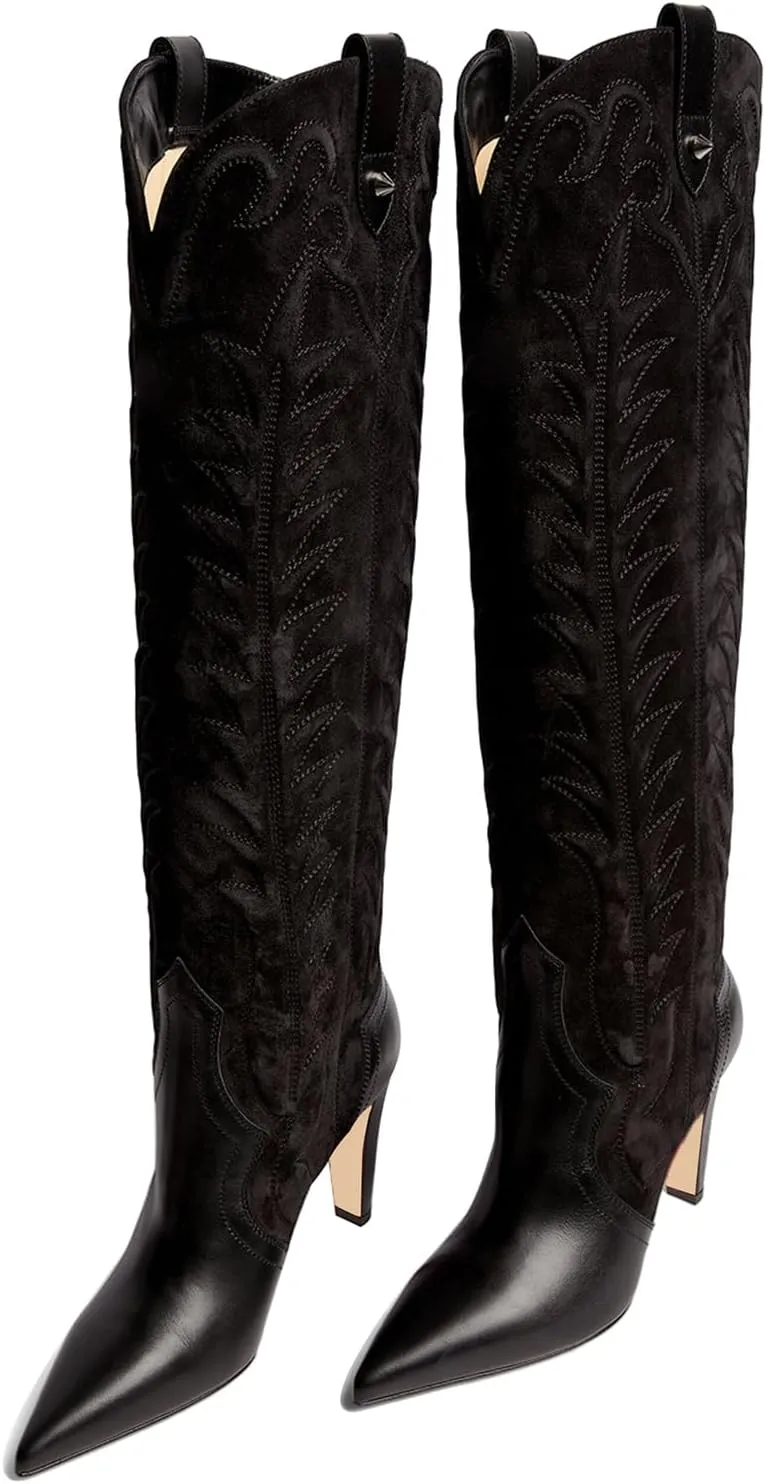 Women's Embroidered Knee High Boots Suede Block High Heel Western Cowboy Long Booties Pointed Toe Pull On Riding Boots for Women Ladies Fahion Dress Tall Boots