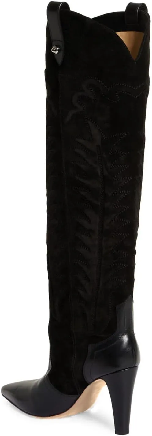 Women's Embroidered Knee High Boots Suede Block High Heel Western Cowboy Long Booties Pointed Toe Pull On Riding Boots for Women Ladies Fahion Dress Tall Boots