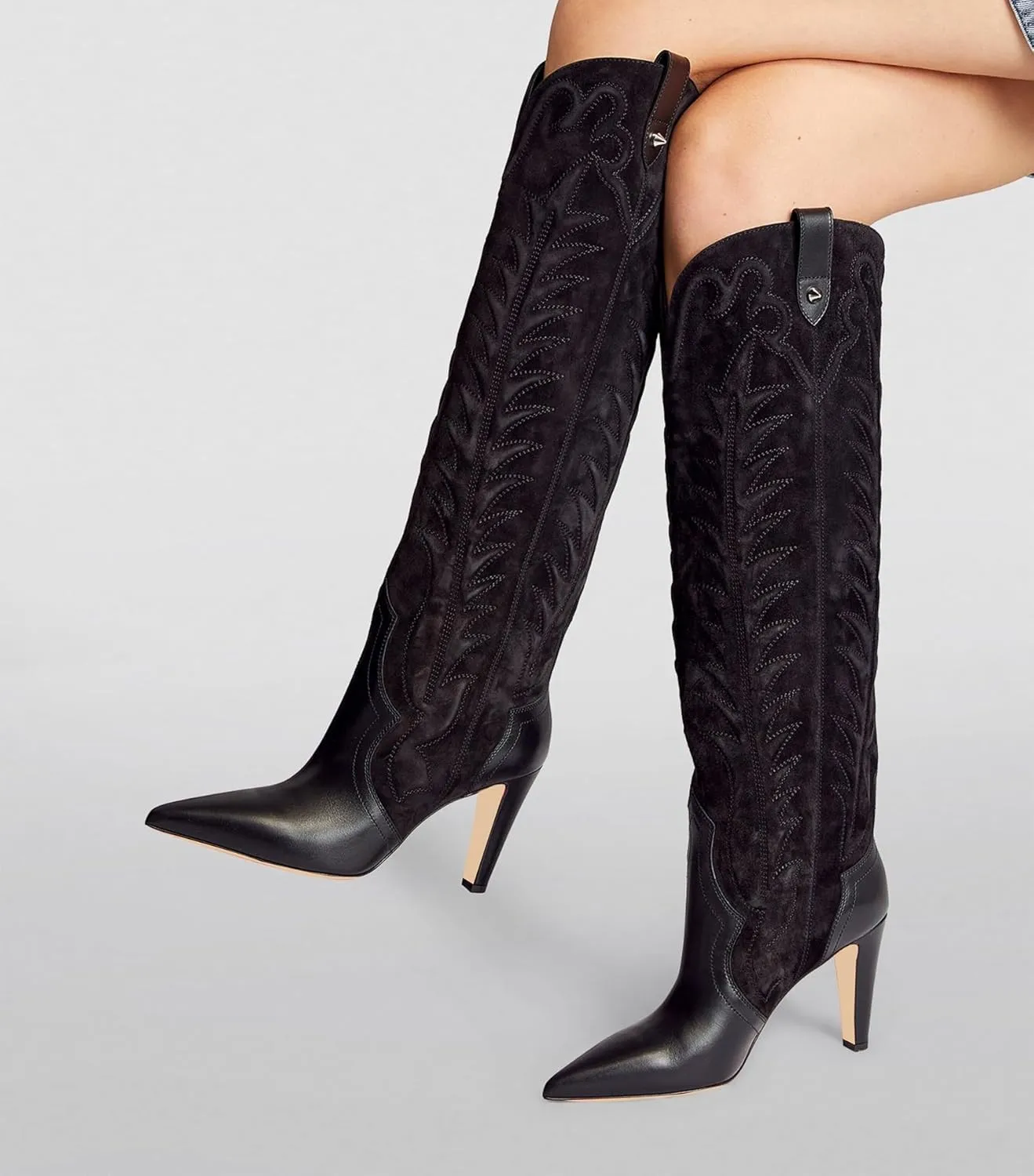 Women's Embroidered Knee High Boots Suede Block High Heel Western Cowboy Long Booties Pointed Toe Pull On Riding Boots for Women Ladies Fahion Dress Tall Boots