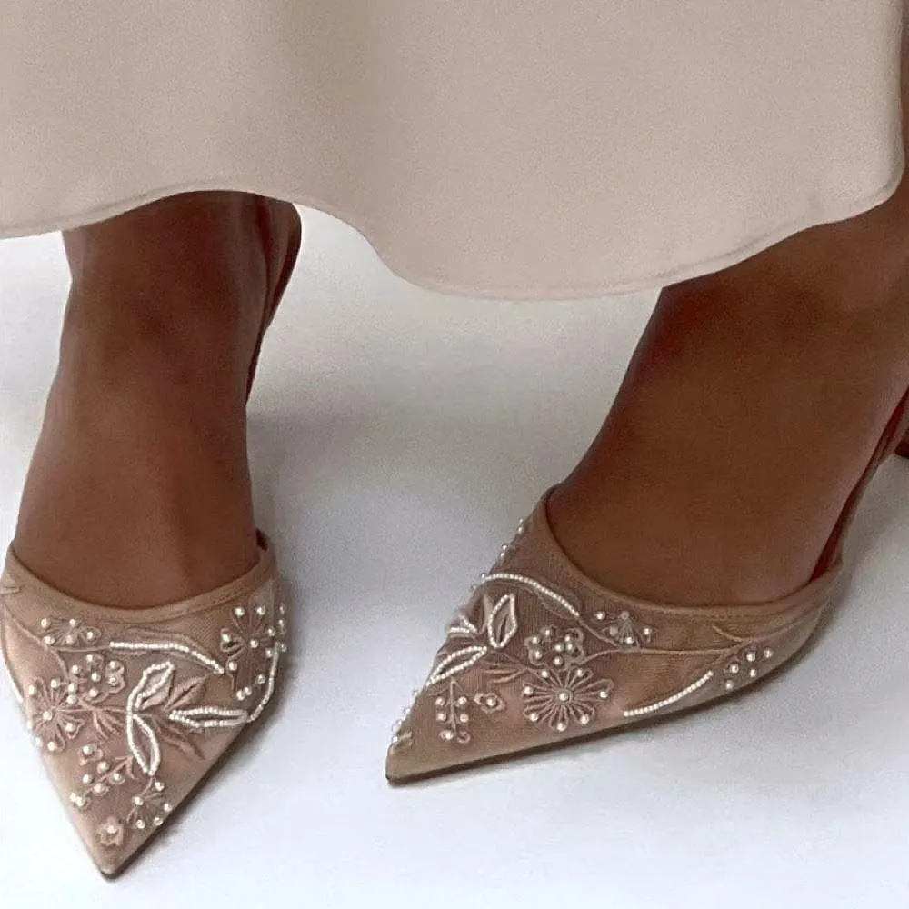 Women's Embroidered Mesh Heels with Pearls, Pointed Toe Pumps Slingback Kitten Heels, Clear Breathable Mesh Low Heel Slip On Dress Shoes