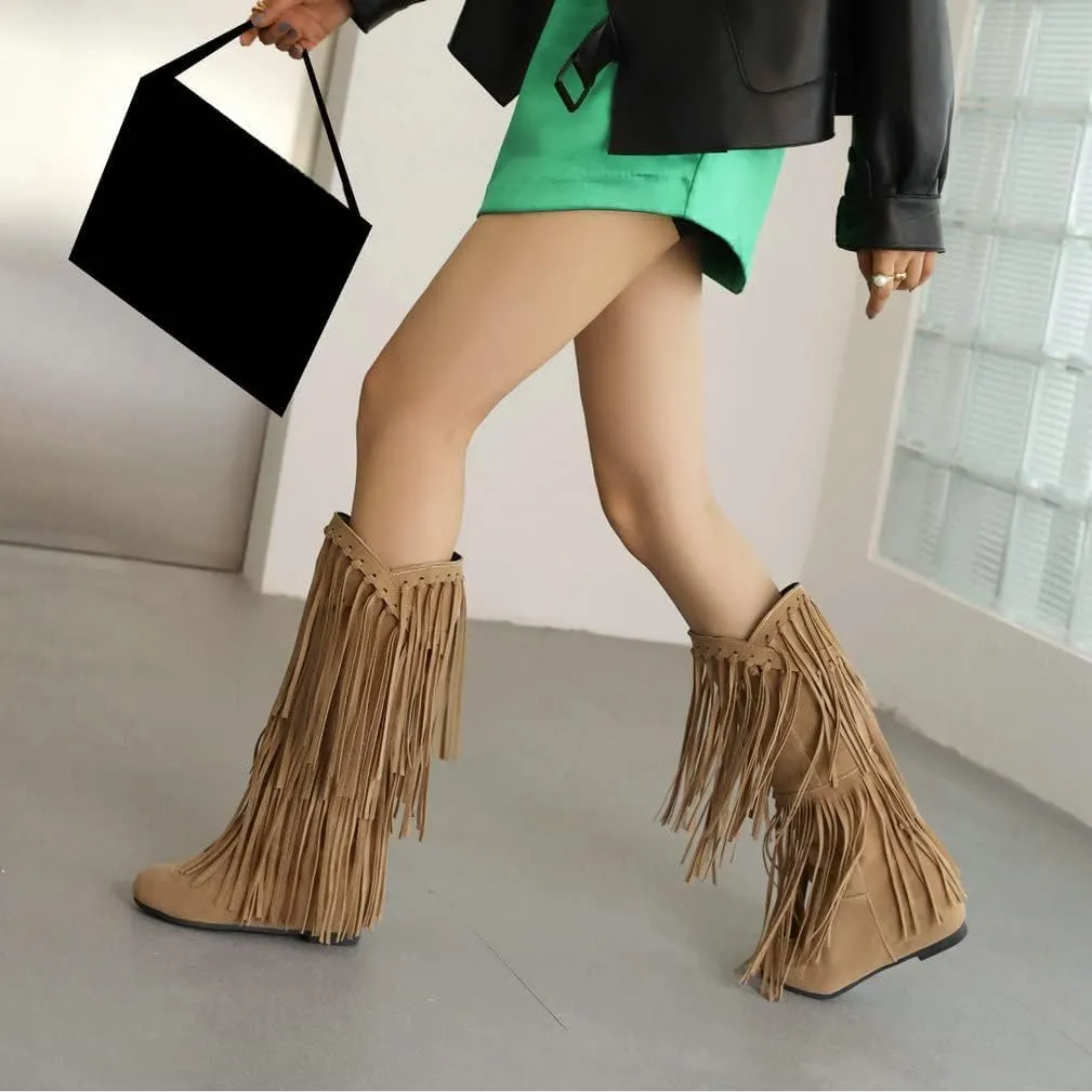 Womens Fringe Western Boots Fashion Hidden Heel Knee-high Boots Round Toe Platform Tassel Moccasin Boots