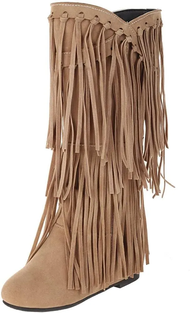 Womens Fringe Western Boots Fashion Hidden Heel Knee-high Boots Round Toe Platform Tassel Moccasin Boots