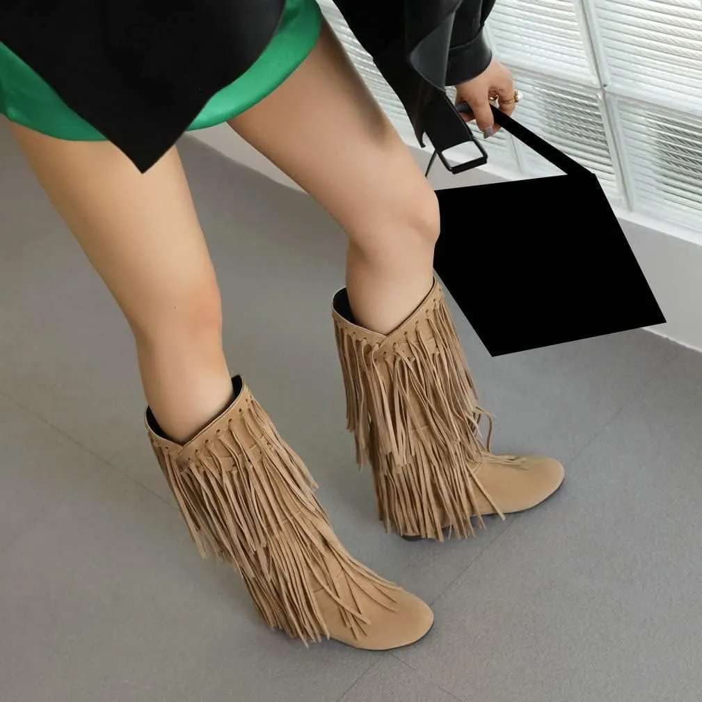 Womens Fringe Western Boots Fashion Hidden Heel Knee-high Boots Round Toe Platform Tassel Moccasin Boots