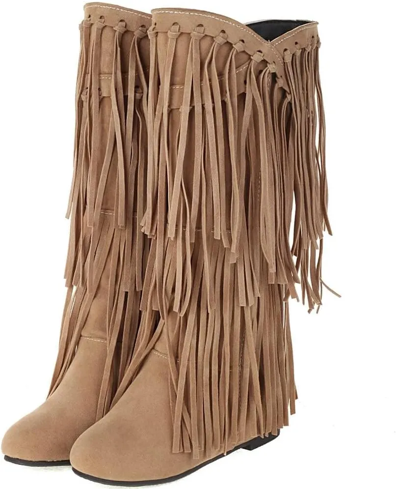 Womens Fringe Western Boots Fashion Hidden Heel Knee-high Boots Round Toe Platform Tassel Moccasin Boots