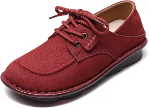 Women's Genuine Leather Wide Toe Lace-Up Flat Casual Shoes Vintage Round Toe Hand Stitching Comfortable Non-Slip Wedge Water Shoes for Driving, Outdoor Activities, Work