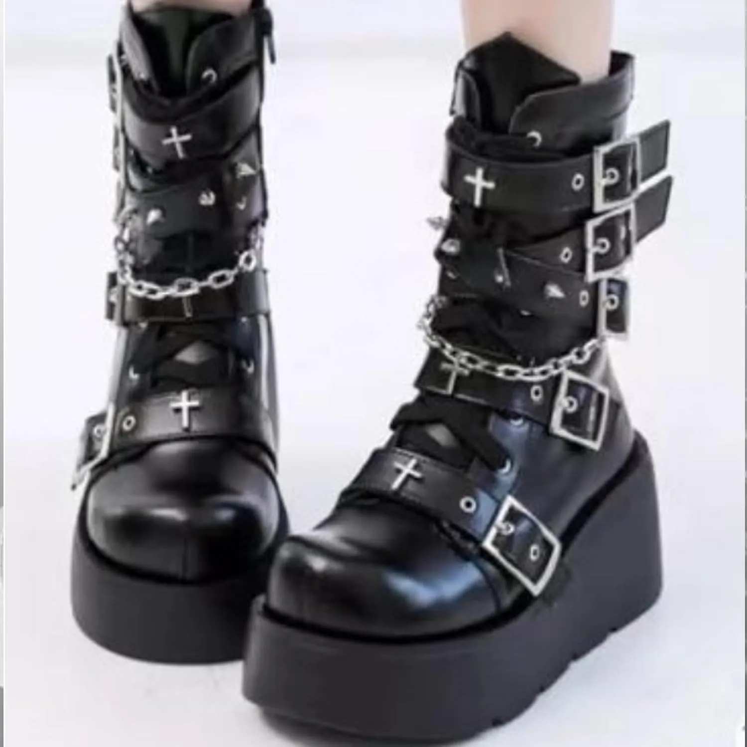 Women's Goth Platform Lace Up with Bat Wing Buckles Chunky Block Heels Round Toe Zipper Punk Motorcycle Combat Boots Comfy Short Gothic Booties